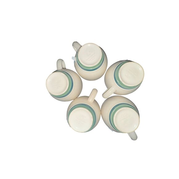 Pfaltzgraff Ceramic Cups Set Of 5 White With Blue Trim & Green Base - Picture 8 of 9